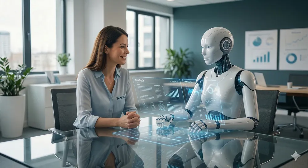 Photo of AI and human communicating in an office